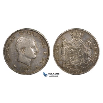 AA300, Italy, Kingdom of Napoleon, 5 Lire 1809-M, Milan, Silver, Toned VF