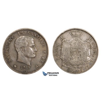 AA301, Italy, Kingdom of Napoleon, 5 Lire 1813-M, Milan, Silver, Toned VF-XF