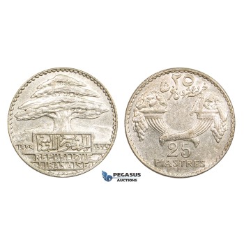 AA302, Lebanon, 25 Piastres 1929, Silver, AU
