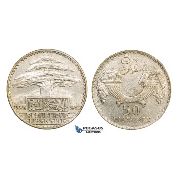 AA303, Lebanon, 50 Piastres 1929, Silver, AU