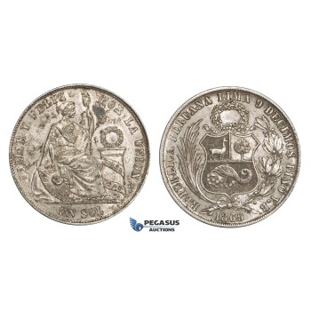 AA311, Peru, Sol 1869 LIMA YB, Lima, Silver, AU