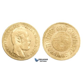AA317, Sweden, Carl XV, Carolin/10 Francs 1869 LA, Stockholm, Gold, aVF