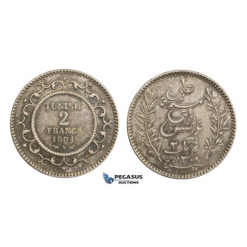 AA321, Tunisia, Ali Bey, 2 Francs 1891-A, Paris, Silver, Toned AU