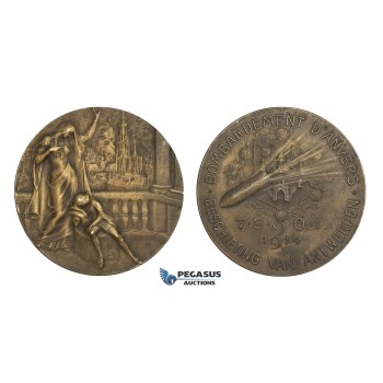 AA324, Belgium, Bronze Art Nouveau Medal 1914 (Ø49.3mm, 46g) by Mauquoy, WW1 Antwerp Bombardment