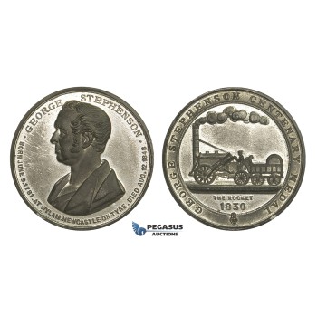 AA329, Great Britain, Tin Medal 1881 (Ø45mm, 28.8g) by Chapman, George Stephenson, “The Rocket”, Train, Railroad