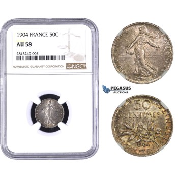 AA345-R, France, Third Republic, 50 Centimes 1904, Paris, Silver, NGC AU58