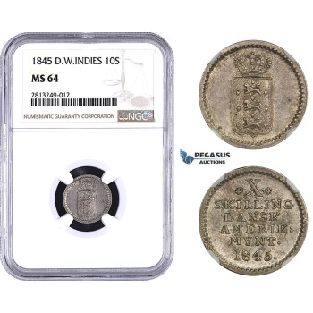 AA347-R, Danish West Indies, 10 Skilling 1845, Silver, NGC MS64