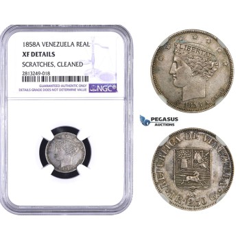 AA355-R, Venezuela, 1 Real 1858-A, Paris, Silver, NGC XF Det. Scratches are minor, nice coin in hand!