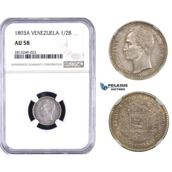 AA359-R, Venezuela, 1/2 Bolivar 1893-A, Paris, Silver, NGC AU58
