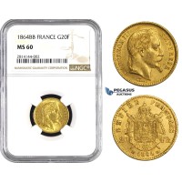 AA362, France, Napoleon III, 20 Francs 1864-BB Large "BB" Strasbourg, Gold, NGC MS60, Rare!