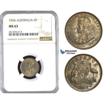 AA371, Australia, George V, Sixpence (6P) 1926, Silver, NGC MS63