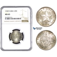 AA379, Cuba, 20 Centavos 1949, Philadelphia, Silver, NGC MS65