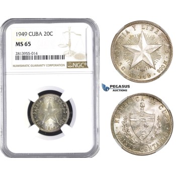 AA379, Cuba, 20 Centavos 1949, Philadelphia, Silver, NGC MS65