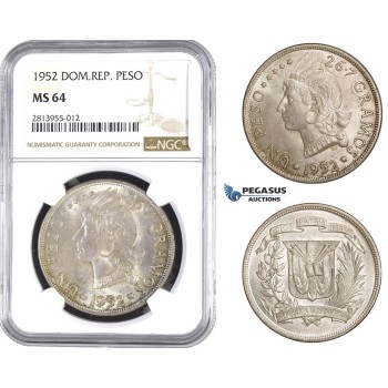 AA380, Dominican Republic, Peso 1952, Silver, NGC MS64