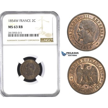 AA387, France, Napoleon III, 2 Centimes 1854-W, Lille, NGC MS63RB