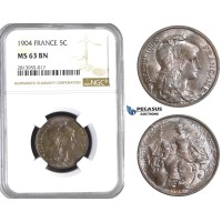 AA389, France, Third Republic, 5 Centimes 1904, Paris, NGC MS63BN