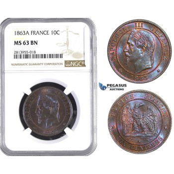 AA390, France, Napoleon III, 10 Centimes 1863-A, Paris, NGC MS63BN
