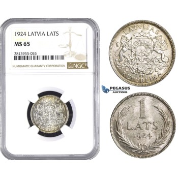 AA425, Latvia, 1 Lats 1924, Silver, NGC MS65, Pop 7/0