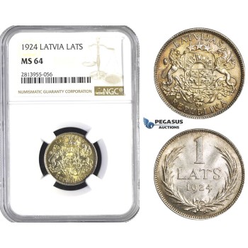 AA426, Latvia, 1 Lats 1924, Silver, NGC MS64