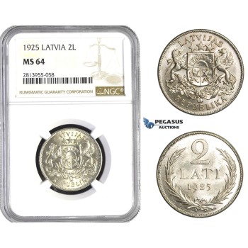 AA427, Latvia, 2 Lats 1925, Silver, NGC MS64