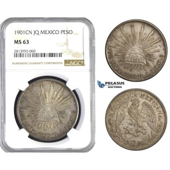 AA430, Mexico, Peso 1901 Cn JQ, Culiacán, Silver, NGC MS63