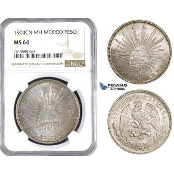 AA431, Mexico, Peso 1904 Cn MH, Culiacán, Silver, NGC MS64