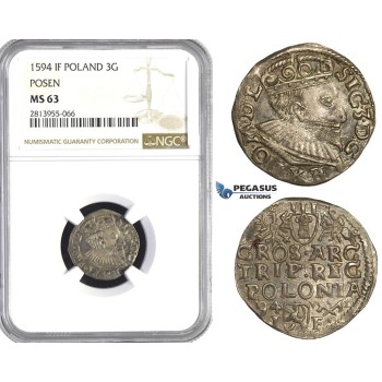 AA435, Poland, Sigismund III, 3 Groschen (Trojak) 1594 IF, Posen, Poznan, Silver, NGC MS63