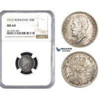 AA438, Romania, Carol I, 50 Bani 1912, Silver, NGC MS64
