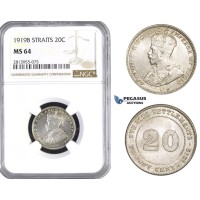AA443, Straits Settlements, George V, 20 Cents 1919-B, Bombay, Silver, NGC MS64