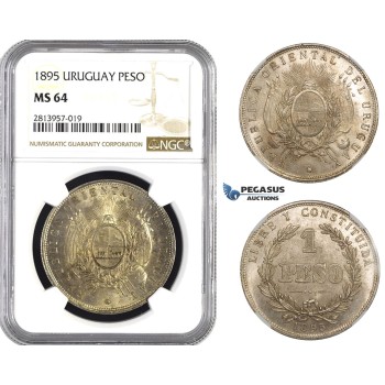 AA446, Uruguay, Peso 1895, Buenos Aires, Silver, NGC MS64, Rare!