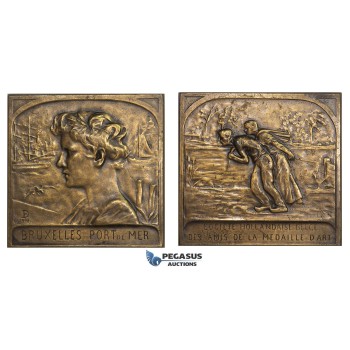 AA447 Belgium & Netherlands, Bronze Art Nouveau Plaque Medal 1903 (55x52mm, 83g) by Dubois, Brussels Sea Port