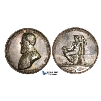 AA451 Germany, Friedrich III, Silver Art Nouveau Medal 1880 (Ø74mm, 196g) by Schwenzer, International Fishing Exhibition