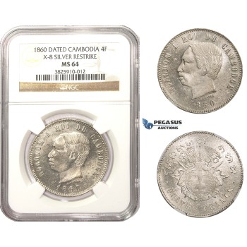 AA470, Cambodia, Norodom I, 4 Francs 1860, Phnom Penh, Silver, NGC MS64