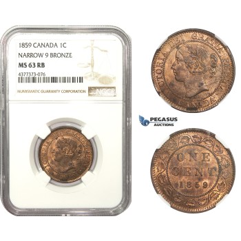 AA471, Canada, Victoria, 1 Cent 1859, Narrow 9, NGC MS63RB