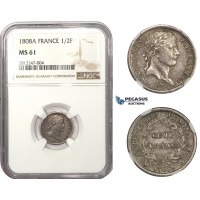 AA475, France, Napoleon I, 1/2 Franc 1808-A, Paris, Silver, NGC MS61