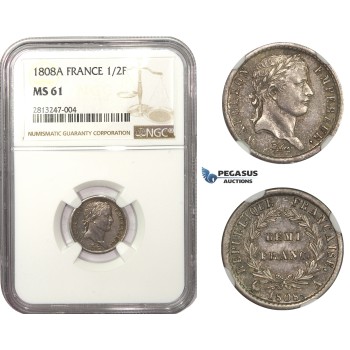 AA475, France, Napoleon I, 1/2 Franc 1808-A, Paris, Silver, NGC MS61