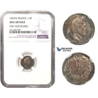 AA476, France, Louis Philippe I, 1/4 Franc 1835-W, Lille, Silver, NGC UNC "Scratched"