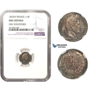 AA476, France, Louis Philippe I, 1/4 Franc 1835-W, Lille, Silver, NGC UNC Scratched