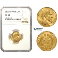 AA478, France, Napoleon III, 20 Francs 1858-A, Paris, Gold, NGC MS62