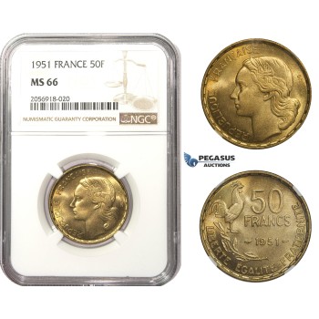 AA479, France, Fourth Republic, 50 Francs 1951, Paris, NGC MS66
