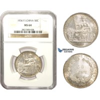 AA482, French Indo-China, 50 Centimes 1936, Paris, Silver, NGC MS64
