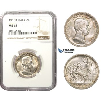 AA491, Italy, Vitt. Emanuele III, 2 Lire 1915-R, Rome, Silver, NGC MS65