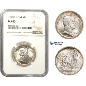 AA492, Italy, Vitt. Emanuele III, 2 Lire 1915-R, Rome, Silver, NGC MS65
