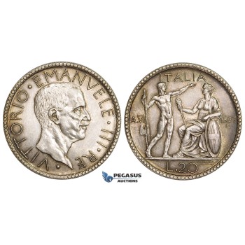 AA493, Italy, Vitt. Emanuele III, 20 Lire 1927 VI-R, Rome, Silver, Cleaned UNC (Toned)