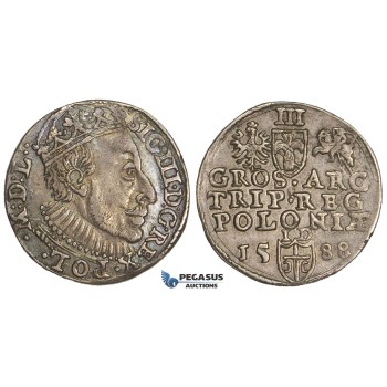 AA496, Poland, Sigismund III, 3 Groschen (Trojak) 1588-ID, Olkusz, Silver (2.34g) Toned VF-XF, Rare!