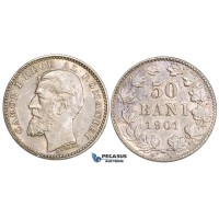 AA499, Romania, Carol I, 50 Bani 1901, Hamburg, Silver, Cleaned AU, Rare