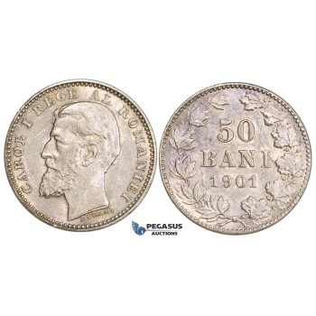 AA499, Romania, Carol I, 50 Bani 1901, Hamburg, Silver, Cleaned AU, Rare