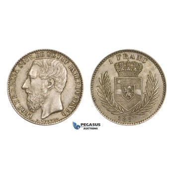 AA522, Belgian Congo, Leopold II, 1 Franc 1887, Silver, AU-UNC