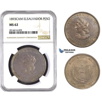 AA526, El Salvador, Peso 1893 C.A.M, San Salvador, Silver, NGC MS62, Pop 6/1