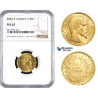 AA527, France, Napoleon III, 20 Francs 1859-A, Paris, Gold, NGC MS63